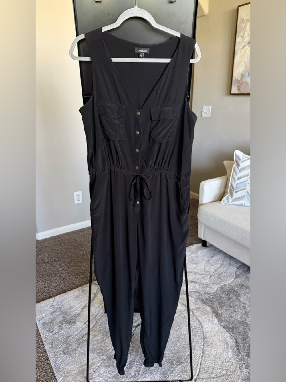 bebe Black Sleeveless Button-Front Drawstring Jumpsuit